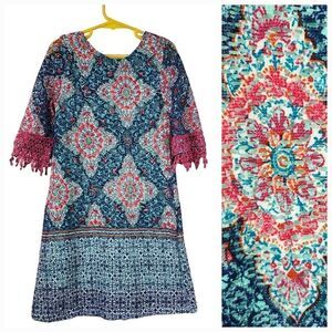 Rare Editions Girls Navy Lace Overlay Medallion Print Colorful Shift Dress Sz 6